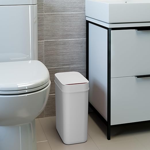 iTouchless 3 Gallon Bathroom Sensor Trash Can, 10 Liter Slim Touchless Automatic Small Garbage Bin with Lid, Narrow Smart Motion Control Commercial Waste Basket for Bedroom, Office, White