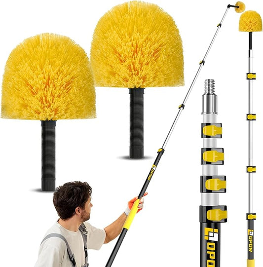 5-to-18 Foot Cobweb Duster with Extension Pole, 25 Ft High Reach and 2 Replaceble Spider Web Brush Heads, Heavy Duty for Indoor & Outdoor Use