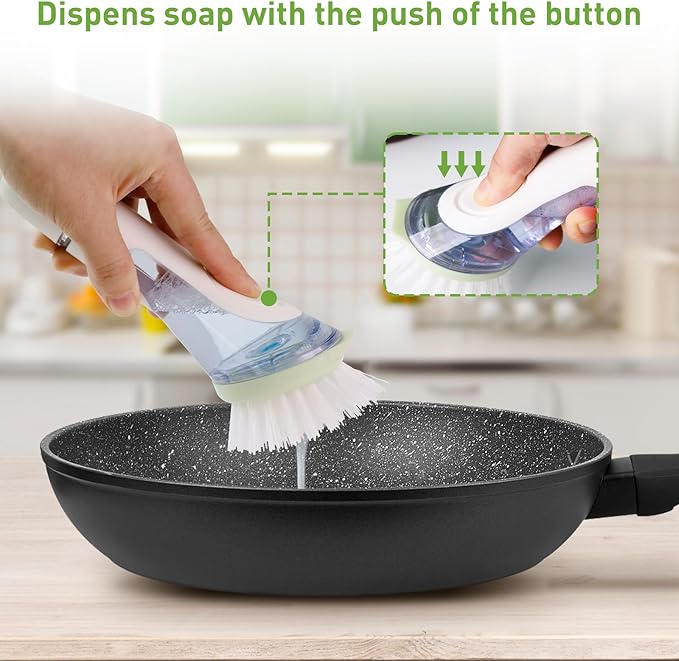 Soap Dispensing Dish Brush, 2 Dish Wand & 4 Brush Refills, Dish Scrub Brush with Soap Dispenser, Dish Soap Brush for Dishes, Pans, Sink, Pots