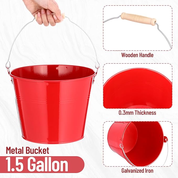 Zopeal 6 Pcs Large Metal Bucket Beer Bucket Galvanized Steel Pail with Handle for Gifts Basket Ice Candy Party(9 x 7 x 7 Inch,Red)