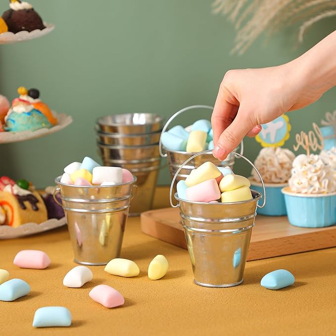 Sadnyy 12 Pcs 3.5in Small Metal Buckets with Handle, Mini Metal Pail Tin Galvanized Pail Container for Trick or Treat Flower Plant Craft Halloween Party Favors Garden Home Decoration (Silver)