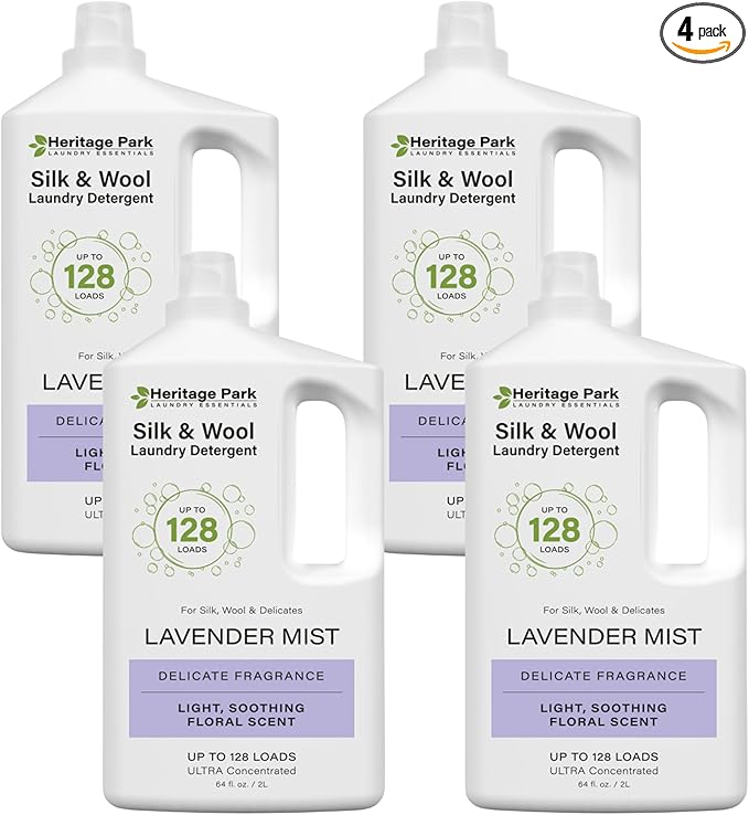 Heritage Park Silk & Wool All-Natural Lavender Mist Scent, pH-Neutral Laundry Detergent - Enzyme-Free, Concentrated Up to 128 loads per bottle (64 fl oz 4-pack)