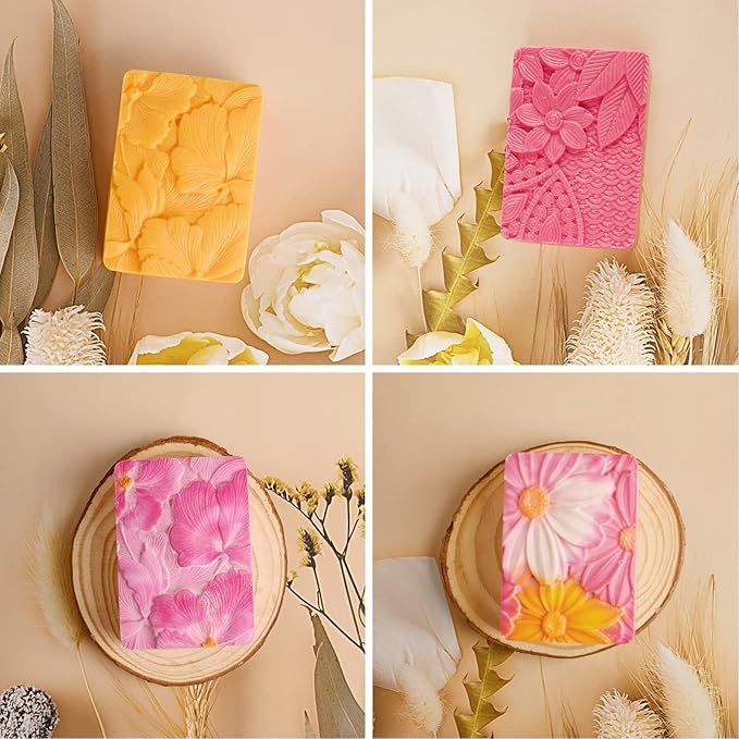 Moukiween Soap Molds Silicone, 3D Rectangular Flower Pattern Silicone Molds for Handmade Craft Soap, Bath Bombs, Chocolate Bars, DIY Candle, Polymer Clay Design