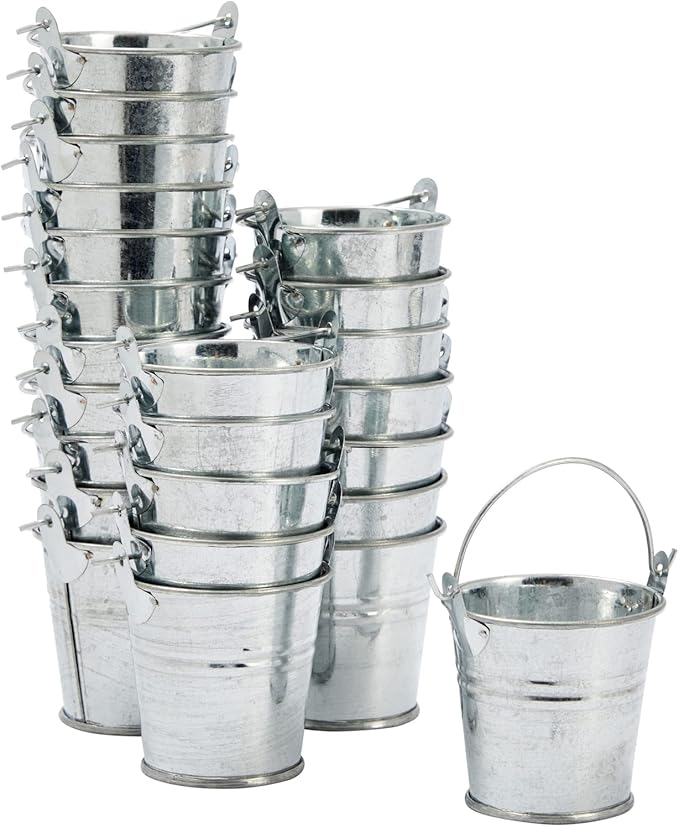 Juvale Mini Metal Buckets - 2 x 2 in, Silver, Pack of 24 - Mini Tin Buckets & Metal Tins with Handles for Party Favors, Crafts & Galvanized Decor