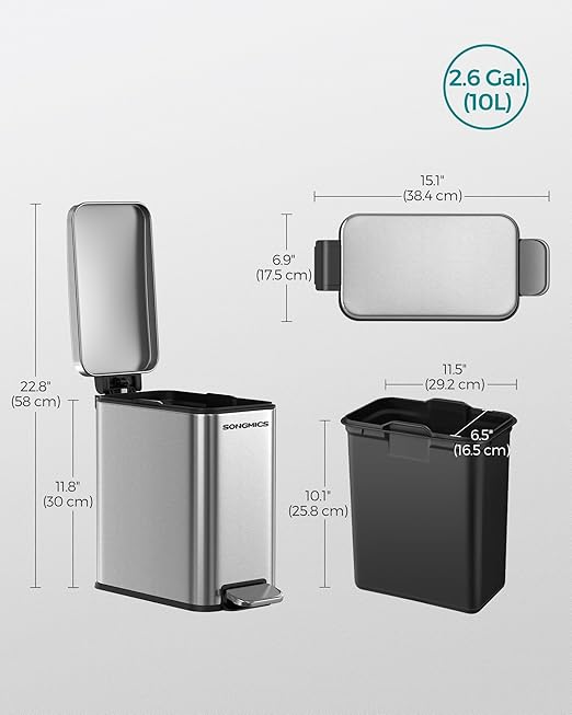 SONGMICS Bathroom Trash Can, 2.6 Gallon (10 L) Small Trash Bin with Lid, Slim for Small Spaces, Stainless Steel Garbage Can, Soft Close, Silver ULTB561E10