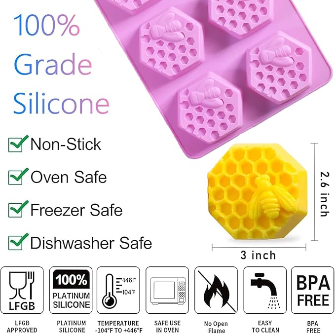 Bee Silicone Molds 2Pcs Honeycomb Silicone Mold Beehive Shape 6 Cavities Molds Set for Homemade Soap Making, DIY Jello, Bath Bomb, Beeswax Candle, Resin