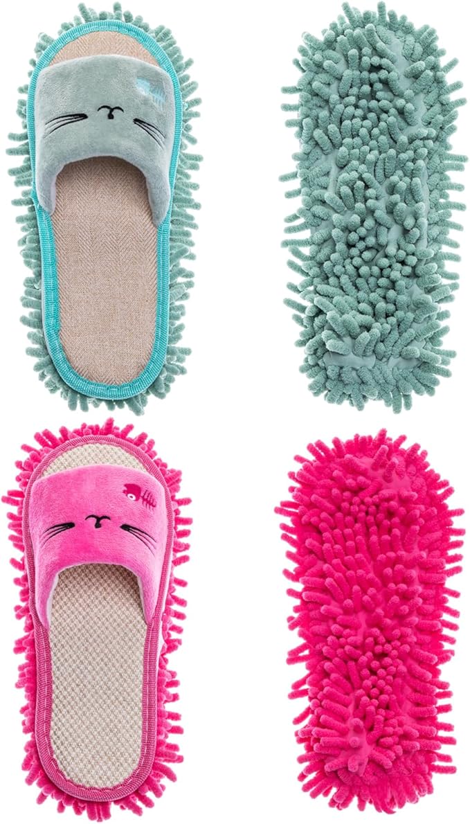HooLing 2 Pairs Mop Slippers Microfiber Cleaning Dusting Unisex House Washable Mopping Slipper Household Tools for Wood Floor Dust Dirt Tool (Men's 7-9, Women's 8-10,Rose Red, Green)