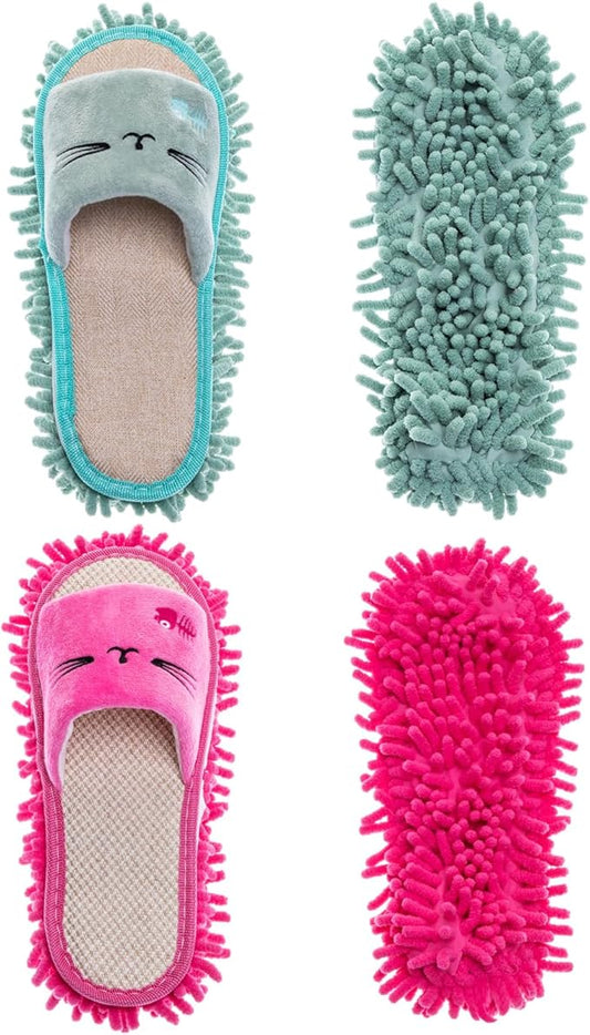 HooLing 2 Pairs Mop Slippers Microfiber Cleaning Dusting Unisex House Washable Mopping Slipper Household Tools for Wood Floor Dust Dirt Tool (Men's 7-9, Women's 8-10,Rose Red, Green)