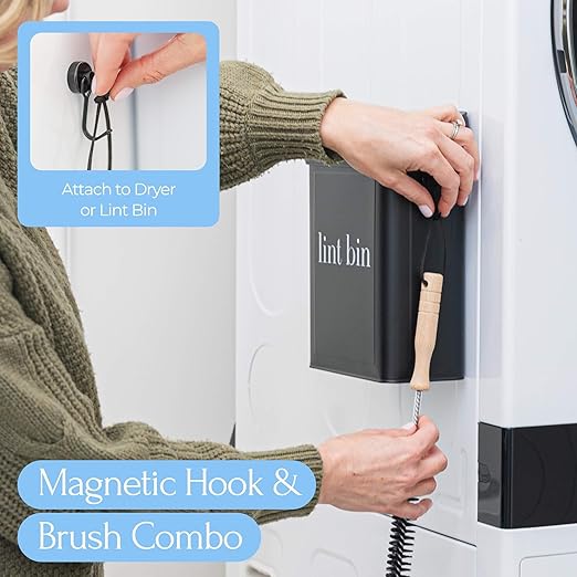 Magnetic Lint Bin for Laundry Room Organization and Storage, Includes Magnetic Hook & Lint Brush, Wall-Mounted Laundry Dryer Bin for Laundry Room Decor, Space-Saving Trash Can (Matte Black)