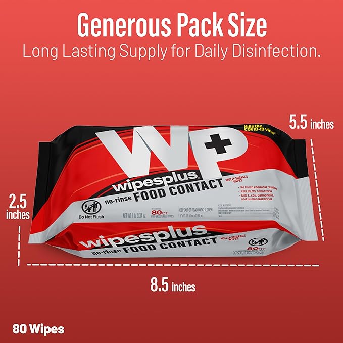WIPESPLUS No-Rinse Food Contact Wipes, Multi-Surface Wipe, Unscented for Home and Business, 960 Count, (12 Packs of 80)