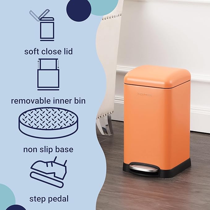 happimess HPM1012K Betty Retro Mini 3.2-Gallon Step-Open Trash Can, Carrot Cake,with Soft-Close Lid, Fingerprint Resistant, Modern, Minimalistic for Home, Kitchen, Office, Bedroom, Bathroom