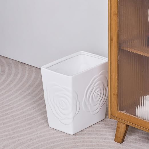White Ceramic Rose Small Bathroom Trash Can 2.5 Gal (9 Liter), Heavy Small Kitchen Garbage Bin, Living Room Bedroom Corner Trash Can, Decorative Wastebasket for Outdoor Garden, Home Office,Hotel Motel