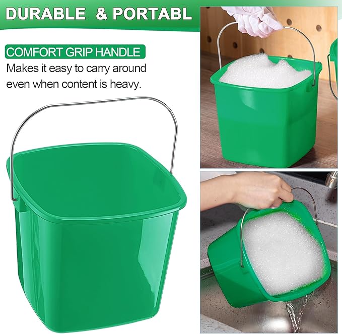 Zhehao 6 Pcs 3 Quart Cleaning Bucket Small Detergent Square Bucket Sanitizing Plastic Pail with Handles Square Cleaning Pail for Home, Offices, School, Commercial Use, Food Service(Dark Green)