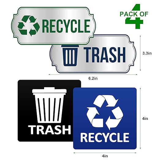Trash and Recycle Stickers for Bins, 4-Piece Set Waterproof Self Adhesive Recycling Stickers for Trash Cans Waste Signs for Home, Kitchen, Office Indoor & Outdoor Use