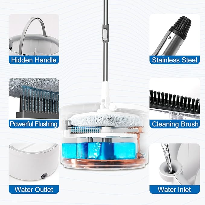 Spin Mop and Bucket with Wringer Set, 360° Spinning Mop Bucket with Separate Dirty and Clean Water System with 3 Microfiber Mop Pads and 52" Stainless Steel Adjustable Handle for Floor Wall Cleaning