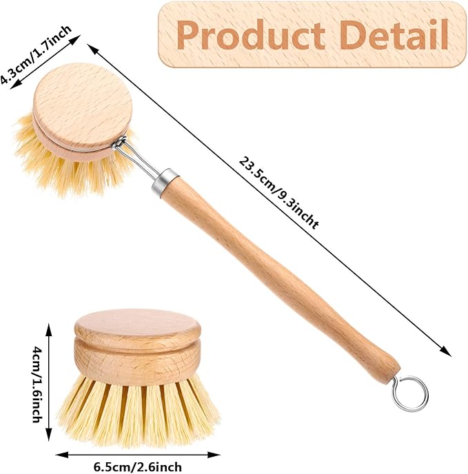 Boao Dish Brush with Beechwood Handle with 2 Replacement Heads Natural Wood Dish Scrub Brush for Washing and Cleaning Pots and Pans