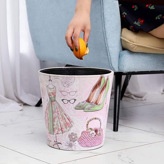 PU Leather Small Trash Can Wastebasket, Round Garbage Container Basket for Bathrooms, Laundry Room, Kitchens, Offices, Kids Rooms, Bedrooms,Dorms,Home Decorative Art Bin, 2.9 Gallon(Fashion Style)