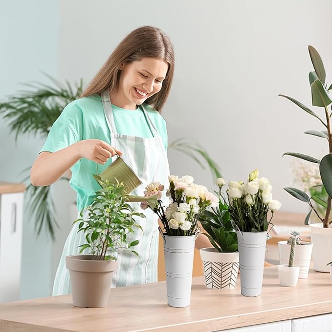 9 Inch Galvanized Metal Vases for Flowers - 8 Pcs Farmhouse Decorative Tall Flower Bucket with Handles, Rustic French Tin Planter Buckets for Table Weddings Home Decor (White, 8 Pcs 9inch)