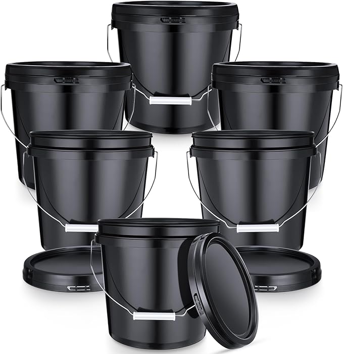 6 Pack 2 Gallon Plastic Bucket with Lid Heavy Duty Pail with Metal Handle Reusable Small Multipurpose Paint Buckets Container for Food Storage(Black)