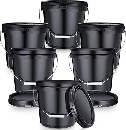 6 Pack 2 Gallon Plastic Bucket with Lid Heavy Duty Pail with Metal Handle Reusable Small Multipurpose Paint Buckets Container for Food Storage(Black)