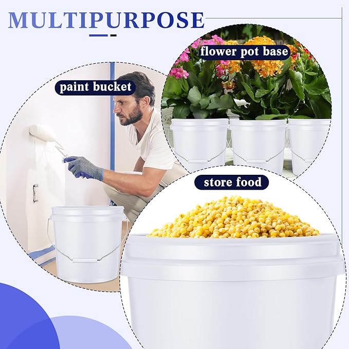 6 Pack 2 Gallon Plastic Bucket with Lid Heavy Duty Pail with Metal Handle Reusable Small Multipurpose Paint Buckets Container for Food Storage(White)