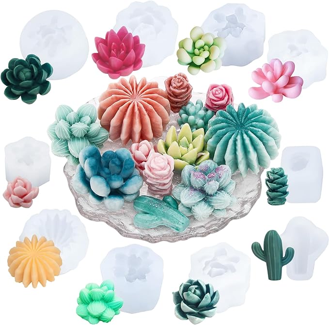 EuTengHao Succulent Silicone Molds, 3D Flower Resin Mold for Candle Soap Cake Decoration Making, Plant Flower Wax Scented Candle Soap Silicone Molds (10Pcs)