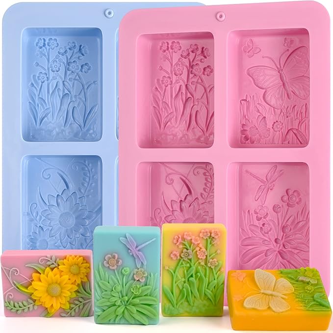 Moukiween Soap Molds Silicone, 3D Rectangular Insect Flower Silicone Molds for Handmade Craft Soap, Bath Bombs, Chocolate Bars, DIY Candle, Polymer Clay Design