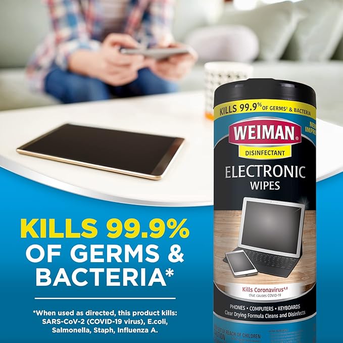 Weiman Electronics & Screen Disinfecting Wipes - Safely Clean and Disinfect Your Phone, Laptop, Keyboard, Tablets, Lens, Wipe, Glasses Cleaner, 30 Count, 2 Pack with MicroFiber Towel