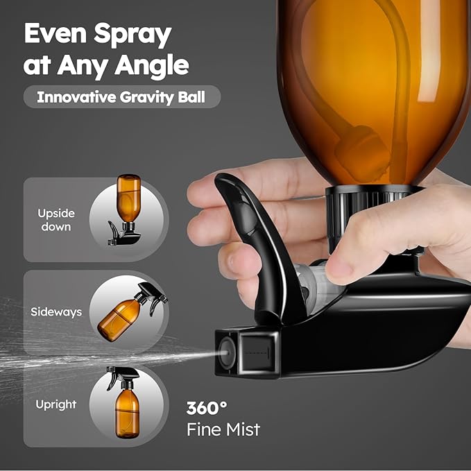 Tecohouse Amber Glass Spray Bottles 8oz, 2 Pack 360° Water Spray Bottle for Cleaning Upside Down Spray Bottles Mister Squirt Bottle with Adjustable Nozzle for Hair, Plant, Pet
