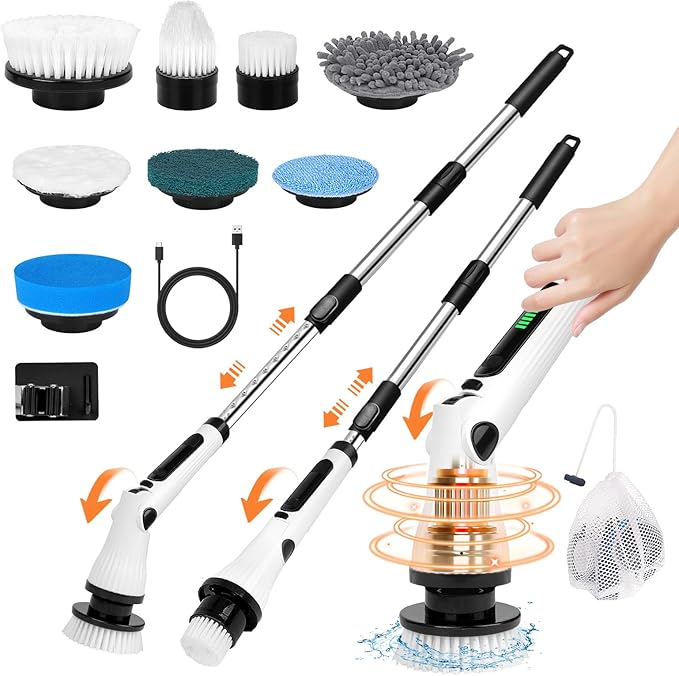 Electric Spin Scrubber, Cordless Cleaning Brush, 54" Extendable Handle Shower Cleaner Brush - 6 Adjustable Angles, 8 Brush Heads & 2 Speeds, Shower Scrubber for Bathroom Bathtub Tile Floor