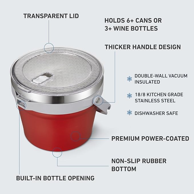 COKTIK 7L Vacuum Insulated Ice Bucket with Lid，Large Capacity Stainless Steel Beverage Bucket for Cocktail, Champagne, Wine, Beer，Large Parties（Red）