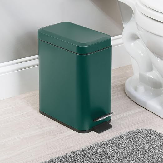 mDesign Small Modern 1.3 Gallon Rectangle Metal Lidded Step Trash Can, Compact Garbage Bin with Removable Liner Bucket and Handle for Bathroom, Kitchen, Craft Room, Office, Garage - Hunter Green