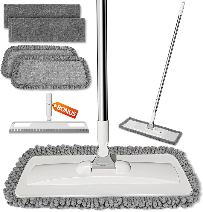 Microfiber Dust Mop,Flat Floor Mops with 4 Washable Pads and Squeegee Broom Set for Wet & Dry Floor Cleaning - 360° Rotating Adjustable Handle Sweeper Mop for Hardwood Floors,Laminate,Tile,Vinyl