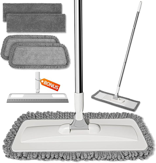 Microfiber Dust Mop,Flat Floor Mops with 4 Washable Pads and Squeegee Broom Set for Wet & Dry Floor Cleaning - 360° Rotating Adjustable Handle Sweeper Mop for Hardwood Floors,Laminate,Tile,Vinyl