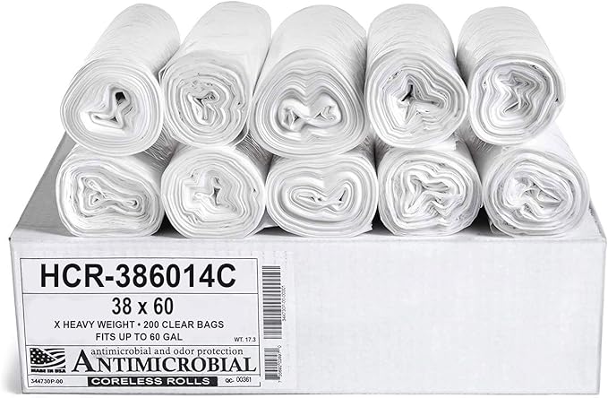 Aluf Plastics High Density Trash Bags, 60 Gallon, 200 Count, 14 Micron (eq), 38" x 60", Clear, for Bathroom, Office, Industrial, Commercial, Janitorial, Municipal, Recycling