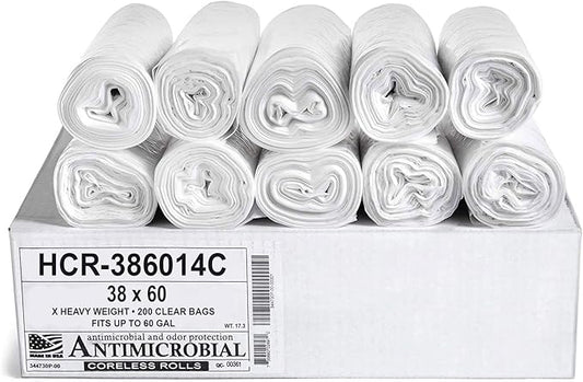Aluf Plastics High Density Trash Bags, 60 Gallon, 200 Count, 14 Micron (eq), 38" x 60", Clear, for Bathroom, Office, Industrial, Commercial, Janitorial, Municipal, Recycling