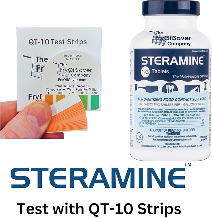 4 Bottles Steramine Sanitizer Tablets - 15x QT-10 Test Strip - Multi Purpose Sanitizing Tablets for Food Contact Surface, Kitchen, Restaurant Cleaning by FryOilSaver (600 Count)