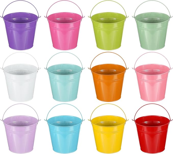 PATIKIL 6"x5" Small Metal Buckets with Handle, 12 Pcs Mini Bucket Easter Buckets, Red/Yellow/Blue/Light Purple/Pink/Light Green/Orange/Light Blue/White/Green/Rose Red/Dark Purple