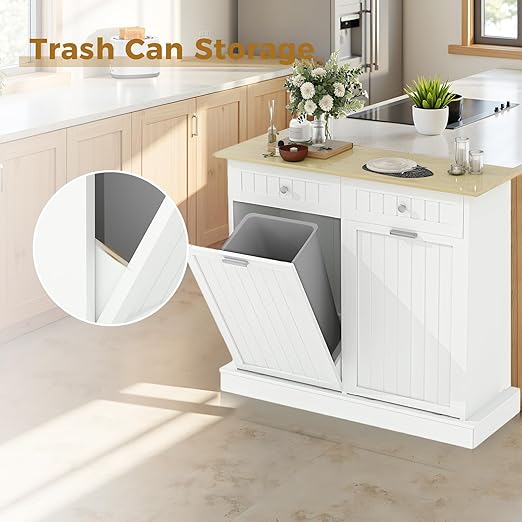 20 Gallon Tilt Out Trash Cabinet, 2-Door Wood Freestanding Garbage Recycling Cabinet with Hideaway Drawer & Pet Proof Design, White Trash Bin Holder for Kitchen, Living Room