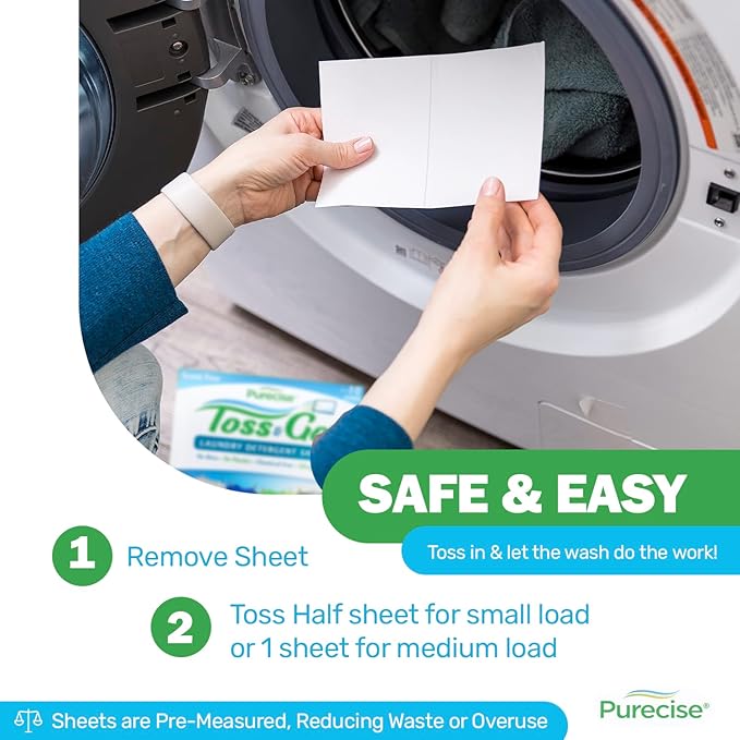 Purecise - Toss & Go - Unscented Laundry Detergent Sheets - No Mess, Skin-Friendly, Fast-Dissolving, Scent Free - 60 Loads - 30ct Pack of 1