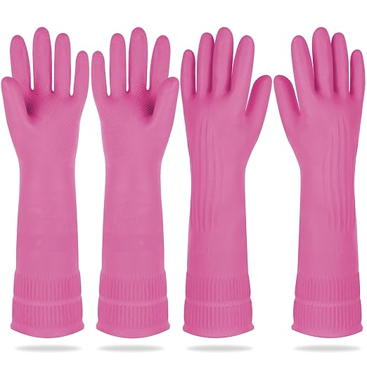 Mamison 2 Pairs Reusable Waterproof Household Dishwashing Cleaning Rubber Gloves, Non-Slip Kitchen Glove (Pink, Large (Pack of 2))