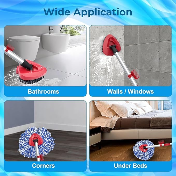 Spin Mop Head and Brush Replacement Compatible with O Cedar RinseClean 2-Tank System, 4 Mop Replace Heads, 1 Handle, 1 Base and 1 Scrub Brush Combo Set