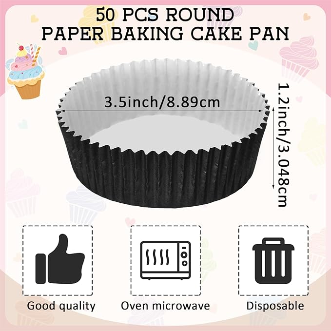 Uiifan Disposable Round Cupcake Liners Paper Baking Cups Wrappers Cupcake Paper Microwave Oven Safe Bakeware Mold for Snacks Cakes (Black,50 Pcs)