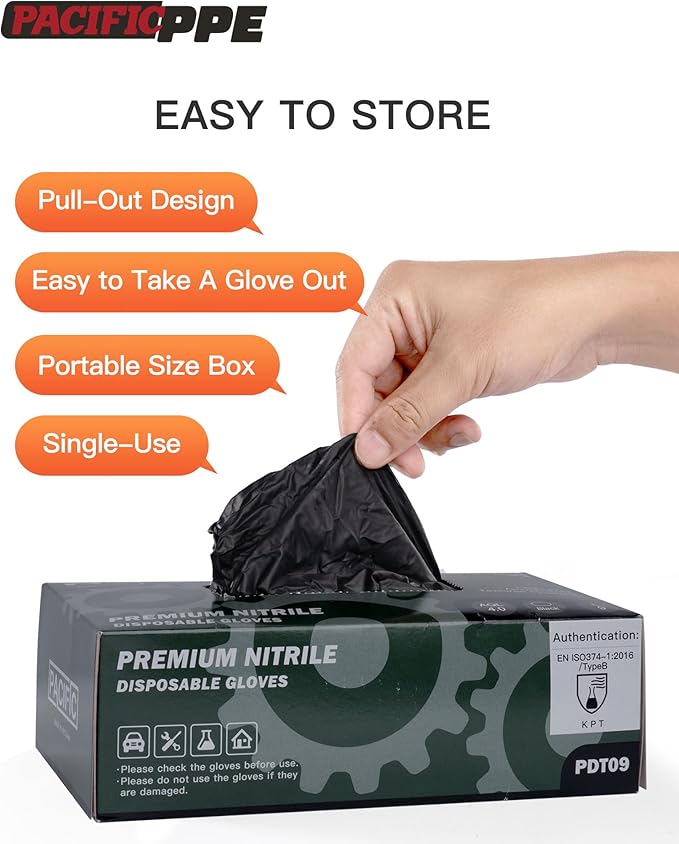 PACIFIC PPE Black Nitrile Disposable Gloves, 6 Mil, Food-Safe, Cooking & Cleaning, Powder-Free, Heavy-Duty, Textured Fingertips, 100 Count, Large