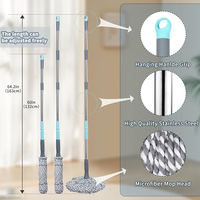 Self-Wringing Twist Mop for Floor Cleaning, Long Handled Microfiber Floor Mop with Top Scouring Pad for Kitchen, Hardwood, Restaurant, Bathroom, Garages, Warehouses, Office, 64-inch , Grey