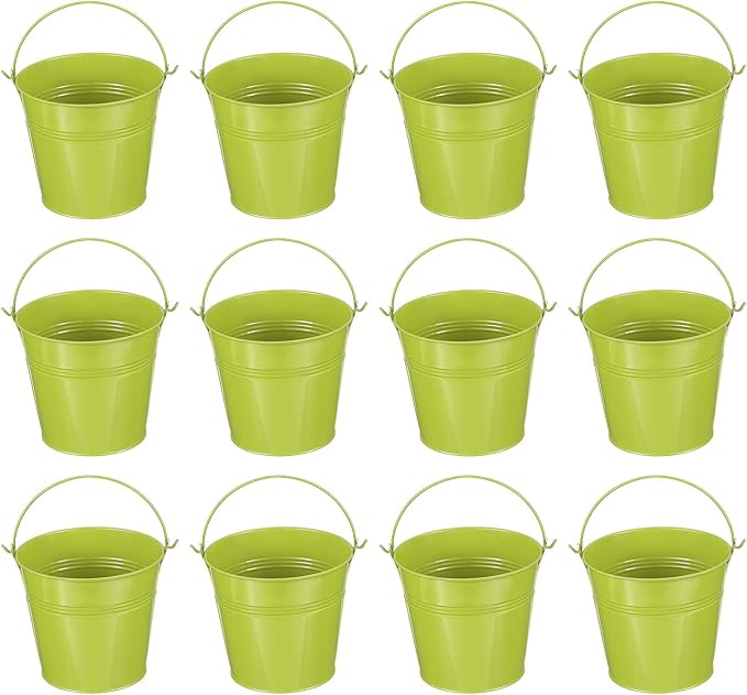 PATIKIL 5"x4.7" Small Metal Buckets with Handle, 12 Pcs Mini Bucket Easter Buckets, Green