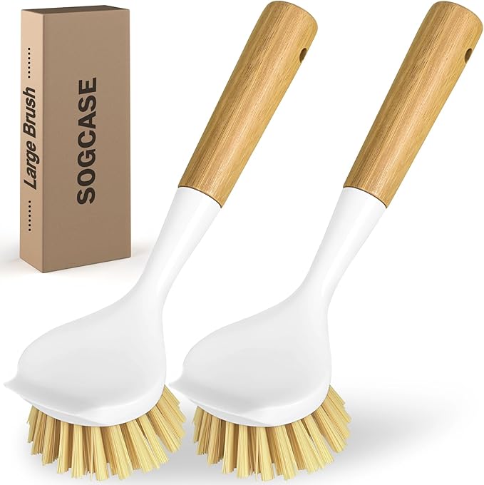 Dish Brush, Large Scrub Brush with Bamboo Handle Kitchen Brushes Built-in Scraper for Cleaning Pot, Sink, Stove Skillet, Pans and Grill Pan - 2 Pack