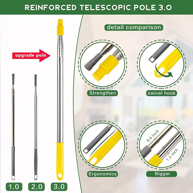 17 Foot High Reach Duster Kit with 2-to-9 Foot Extension Pole, Newliton 3-in-1 High Ceiling Chenille Duster, Microfiber Duster, Cobweb Duster, Indoor & Outdoor Extendable Bendable Duster Cleaning Set