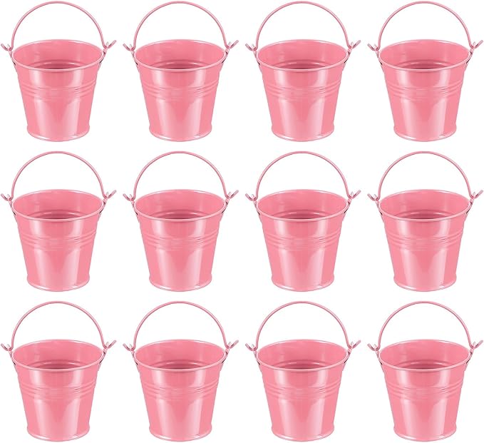 PATIKIL 2.7"x2.3" Small Metal Buckets with Handle, 12 Pcs Mini Galvanized Bucket Colorful Easter Buckets for Crafts Party Favors Decoration, Pink