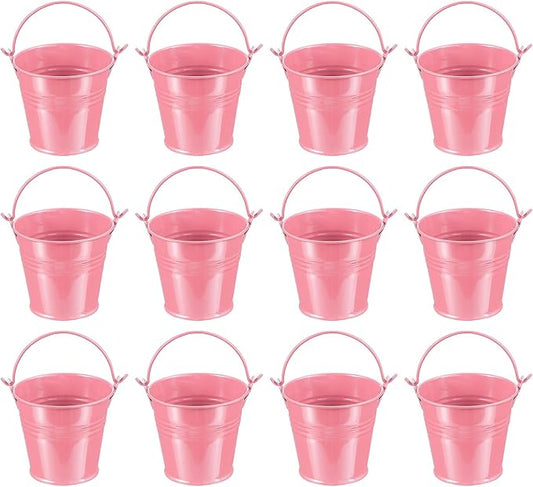 PATIKIL 2.7"x2.3" Small Metal Buckets with Handle, 12 Pcs Mini Galvanized Bucket Colorful Easter Buckets for Crafts Party Favors Decoration, Pink